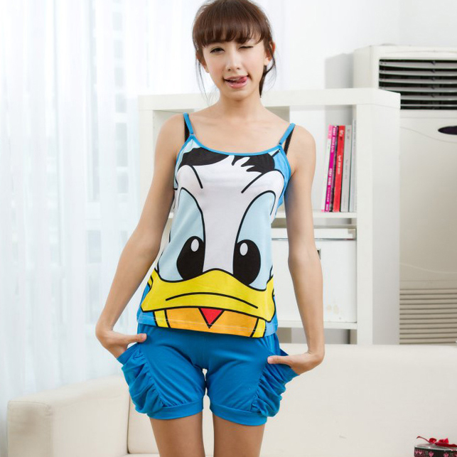 Sleepwear female summer lovely sleepwear lounge donald duck 100% cotton sleepwear cartoon spaghetti strap short-sleeve sleep set