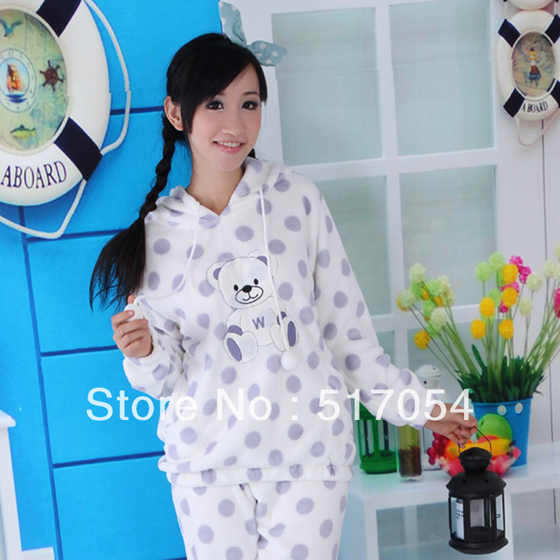 Sleepwear flannel sleep set female cartoon dot with a hood lounge