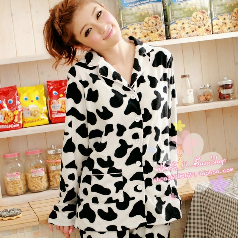 Sleepwear lounge autumn and winter female small dairy cow 100% cotton polar fleece fabric long-sleeve twinset 3