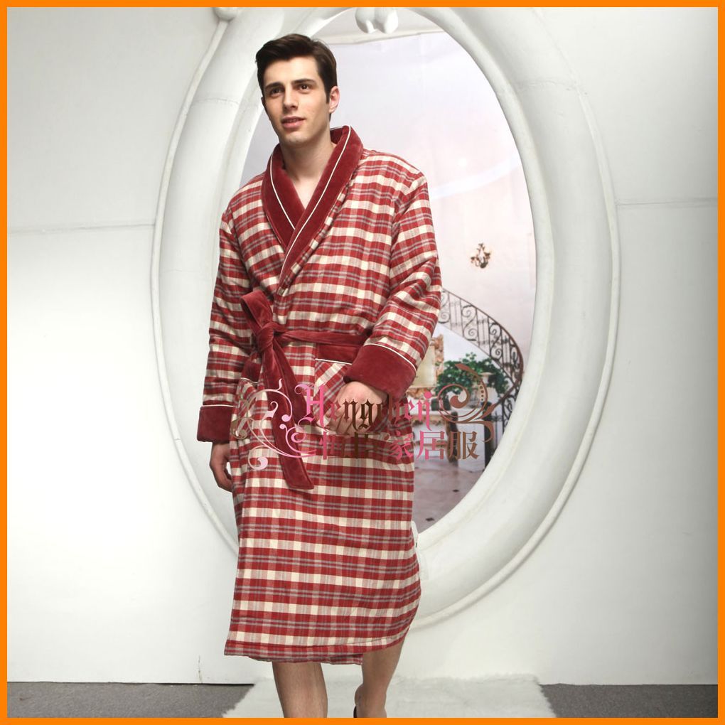 Sleepwear lounge male autumn and winter woven plaid 100% cotton cotton-padded robe 14673