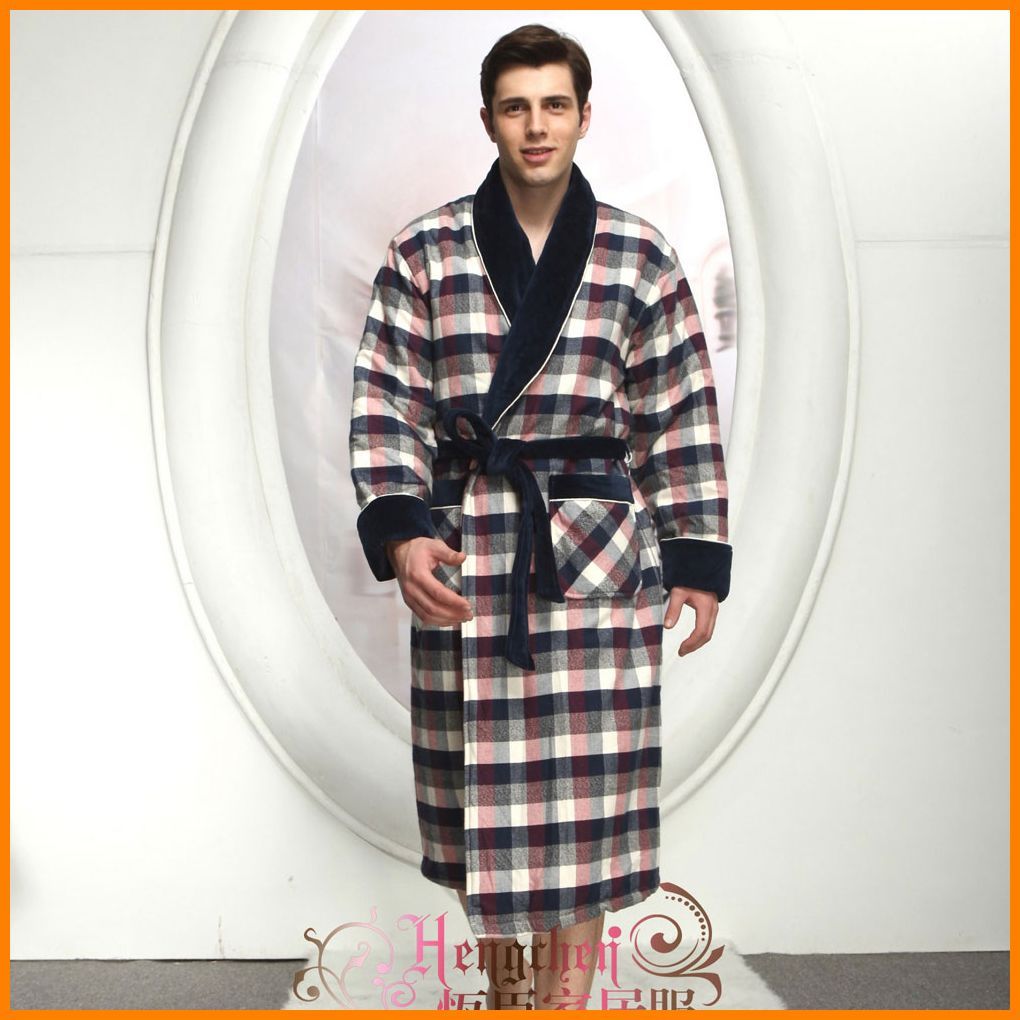 Sleepwear lounge male autumn and winter woven plaid cotton-padded robe 14675