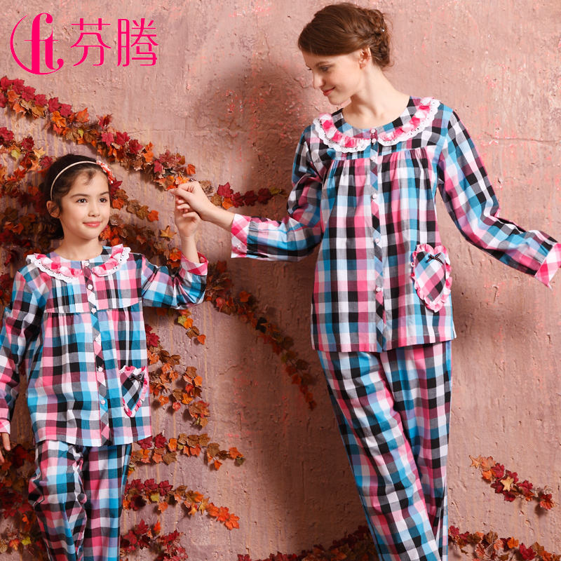 Sleepwear lounge spring women's elegant plaid long sleeve length pants woven cotton set