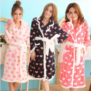 Sleepwear lounge sweet nightgown lacing coral fleece long-sleeve thermal bathrobe long design robe