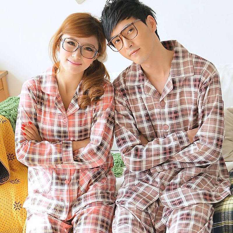 Sleepwear spring and autumn stripe lovers sleepwear male women's knitted cotton long-sleeve derlook