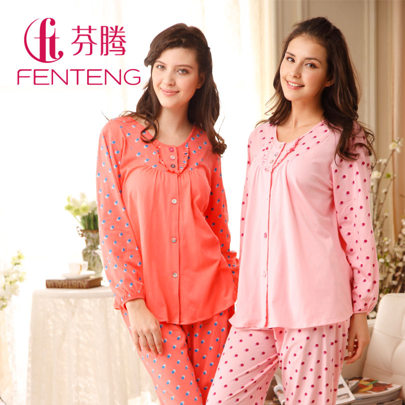 Sleepwear spring and autumn women's 100% cotton long sleeve length pants lounge set z8649