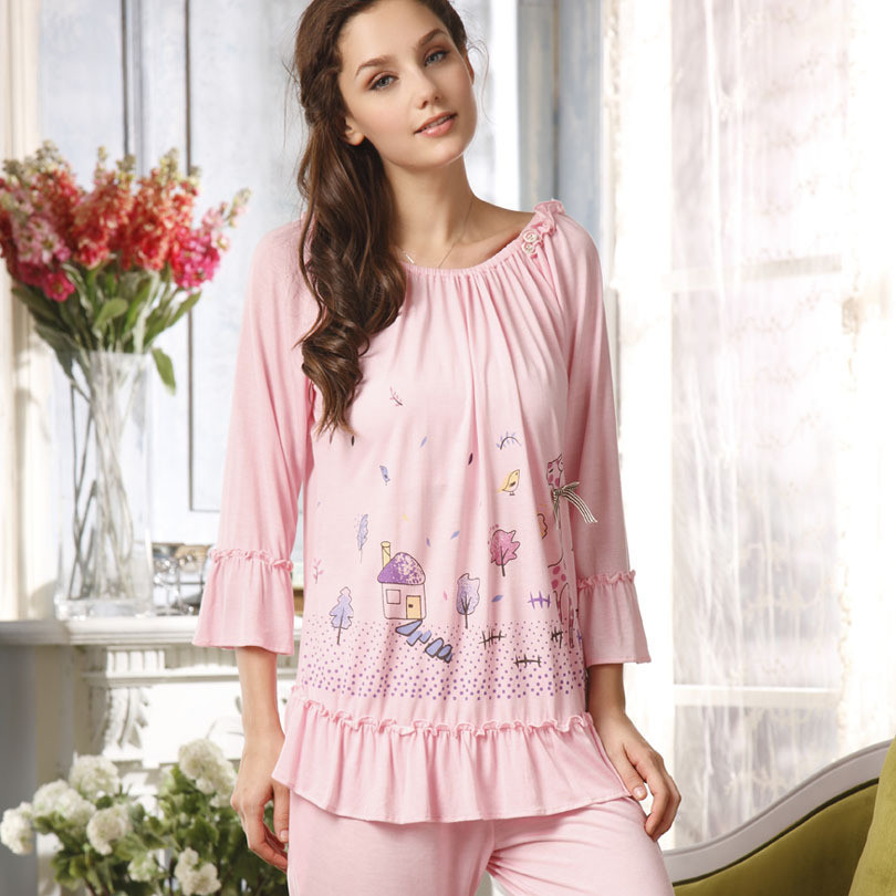 Sleepwear spring and autumn women's long-sleeve knitted cotton sleep set z6693 lounge