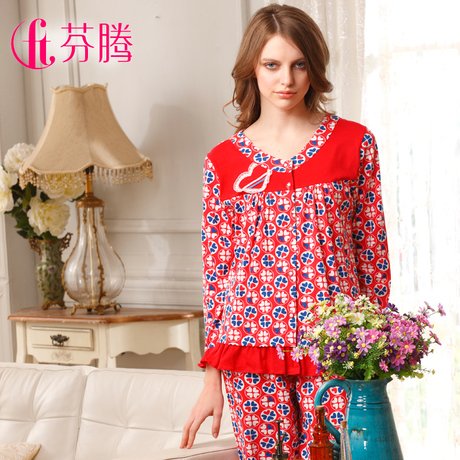 Sleepwear  spring elegant female 100% cotton long sleeve length pants lounge set