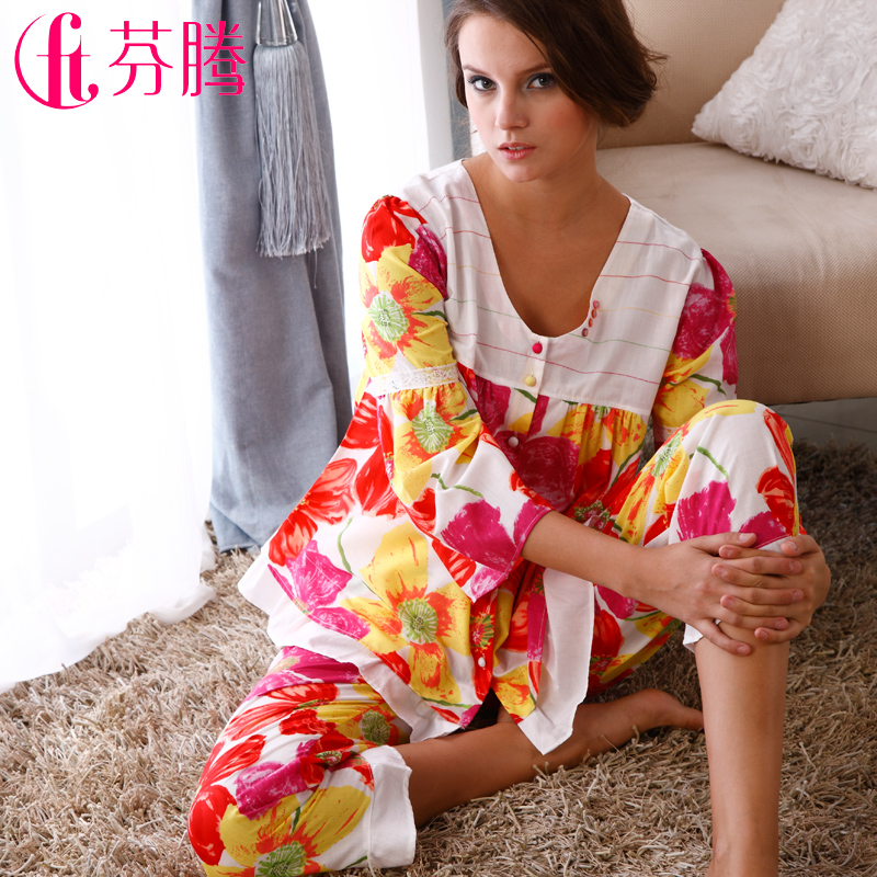 Sleepwear  spring elegant female knitted cotton long sleeve length pants lounge set