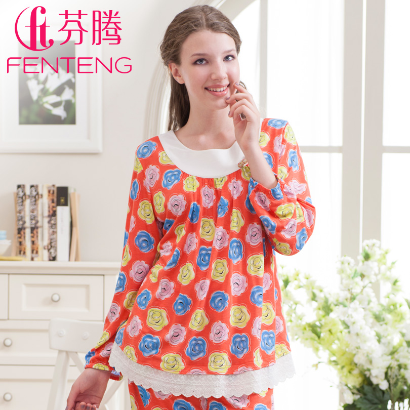 Sleepwear  spring elegant female knitted cotton long sleeve length pants lounge set z132039