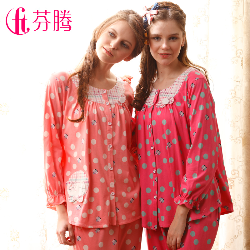 Sleepwear  spring elegant sweet dot Women 100% cotton long sleeve length pants lounge set