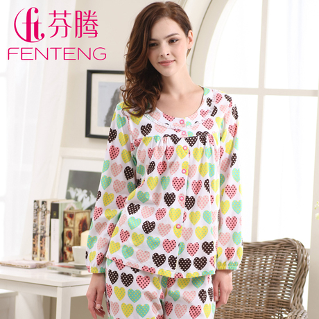 Sleepwear  spring women's sweet heart long sleeve length pants knitted cotton 100% lounge set