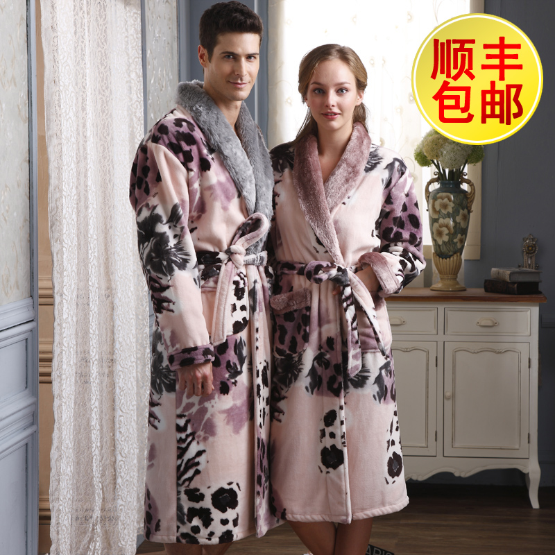 Sleepwear thickening coral fleece robe fashion leopard print comfortable lovers lounge 8357