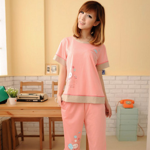 Sleepwear women's summer 100% cotton cartoon short-sleeve casual lounge set