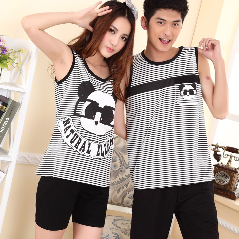 Sleeveless lovers sleepwear knitted cotton sleepwear vest shorts set sleeveless cartoon panda