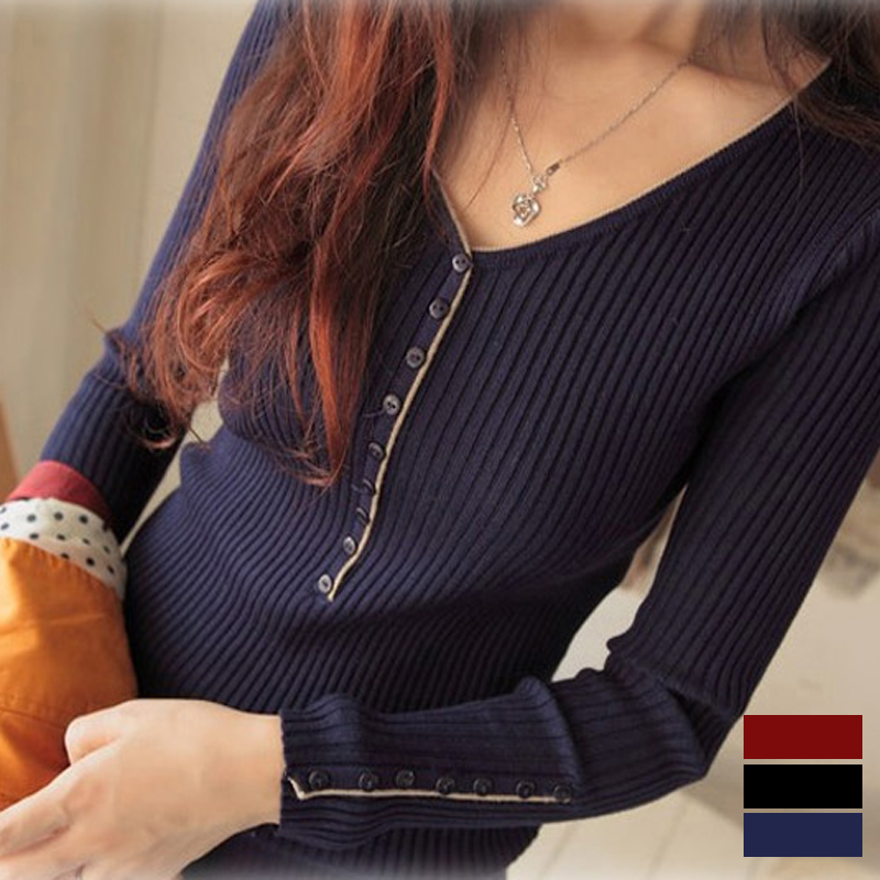 Slim basic sweater knitted basic shirt female long-sleeve medium-long V-neck button decoration autumn and winter