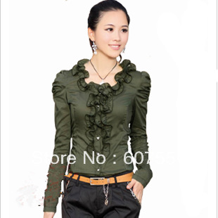 slim elegant stretch cotton ruffle collar top women's long-sleeve shirt