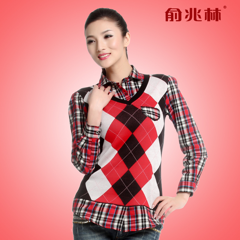 Slim fashionable casual thickening plus velvet faux two piece plaid thermal shirt female