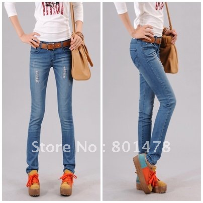 Slim hole pencil skinny jeans female trousers 2012