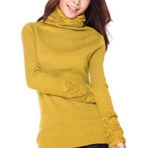 Slim knitted medium-long sweater turtleneck women's 6836 gentlewomen lace heap turtleneck basic shirt