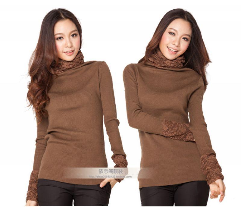 Slim knitted sweater turtleneck women's gentlewomen lace heap turtleneck basic shirt (WC005)