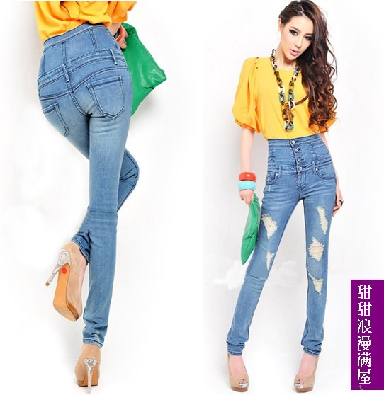 Slim legs 2013 butt-lifting high waist hole pencil pants jeans trousers 43945