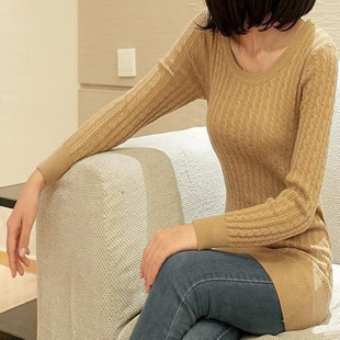 Slim long-sleeve medium-long basic shirt o-neck slim hip sweater women