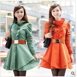 Slim long-sleeve puff sleeve ruffle collar trench outerwear belt