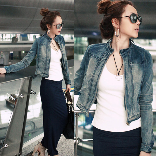 Slim long-sleeve zipper short design denim outerwear 7548 free shipping