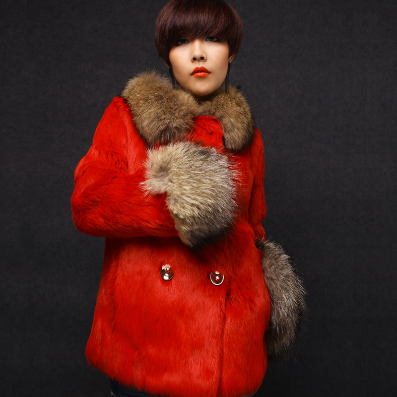 Slim medium-long big raccoon fur overcoat rex rabbit hair fur coat 2012