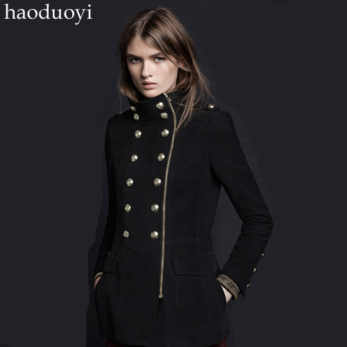 Slim military paragraph flat flannelette thick outerwear exquisite gold double breasted long zipper medium-long military