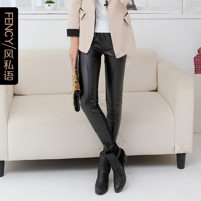 Slim patchwork legging female leather pants trousers all-match pencil pants skinny pants