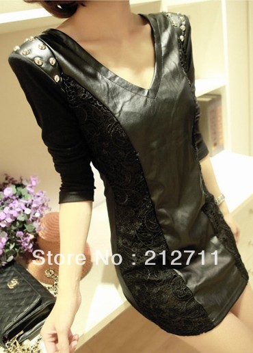 Slim PU sexy hip leather skirt lace skirt long-sleeve dress spring ,Free delivery