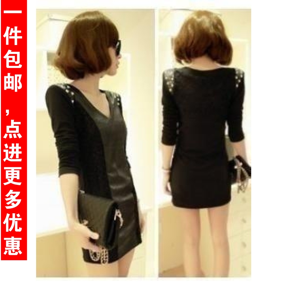 Slim sexy slim hip leather skirt lace basic skirt long-sleeve dress 2012 women's