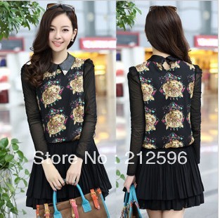 Slim stitching PU leather 2013 spring new printing quality ladies chiffon long-sleeved dress