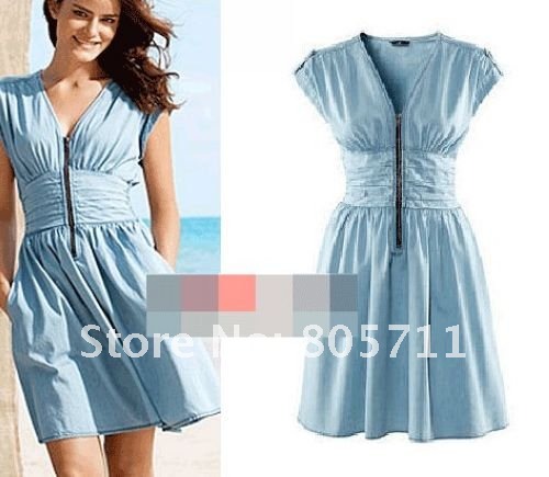 Slim V-neck Light Blue Fashion Dresses With Zipper Thin Denim Dress For Summer Retro Good Quality