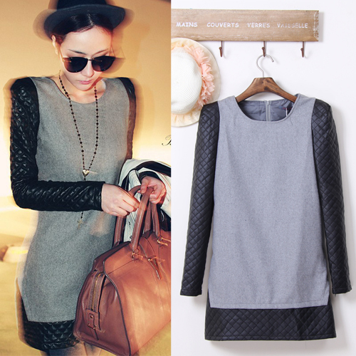 Small 2012 autumn and winter ladies woolen ayomi patchwork leather long-sleeve dress