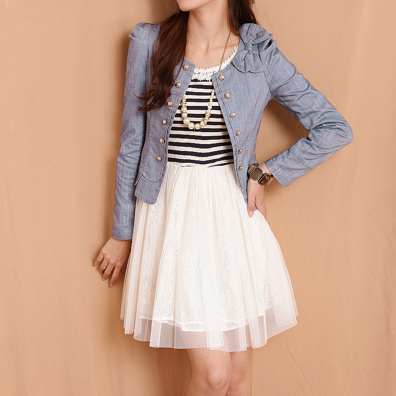 Small 2012 women's bow puff sleeve slim denim short jacket