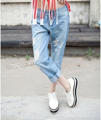 Small 2013 spring and summer fashion loose plus size casual hole denim harem pants ankle length trousers female beggar pants