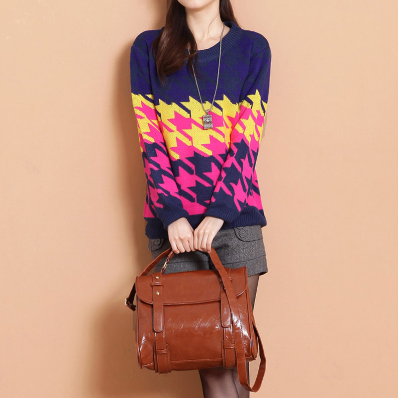 Small 2013 spring female sweet o-neck houndstooth color block decoration all-match loose sweater