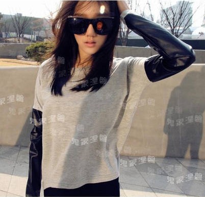 Small 2013 spring women's patchwork leather asymmetrical t-shirt t40