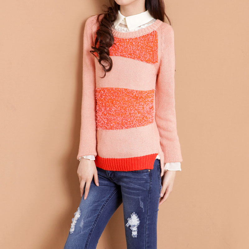 Small brief color block stripe decoration raglan sleeve slim pullover sweater 2013 spring women's Q