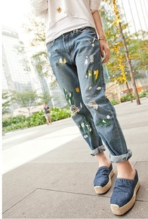 Small fashion autumn distrressed doodle jeans female trousers plus size female