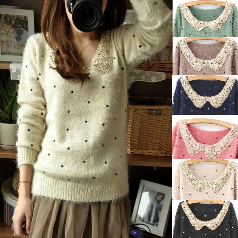 Small fresh paillette collar mohair dot polka dot explaines long-sleeve sweater