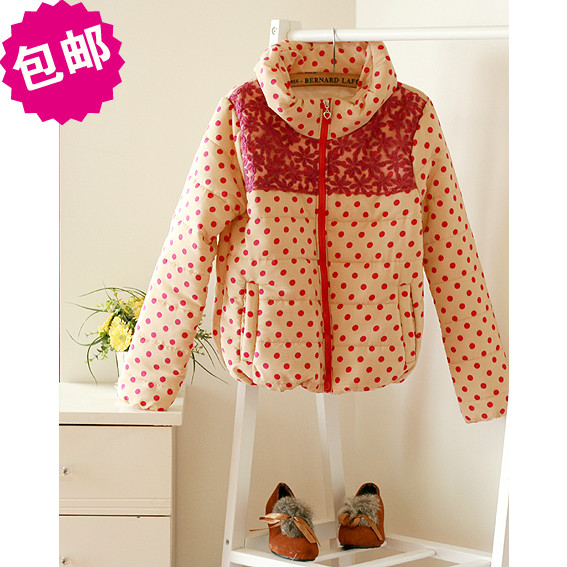 Small fresh polka dot lace small stand collar thermal zipper short design wadded jacket cotton-padded jacket cotton-padded