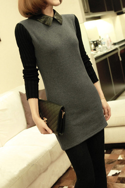 Small k fashion british style vintage leather small lapel knitted sleeve long-sleeve dress basic shirt