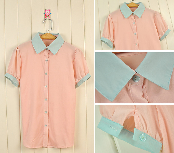 Small lapel peter pan collar bubble short-sleeve vintage candy color chiffon shirt top