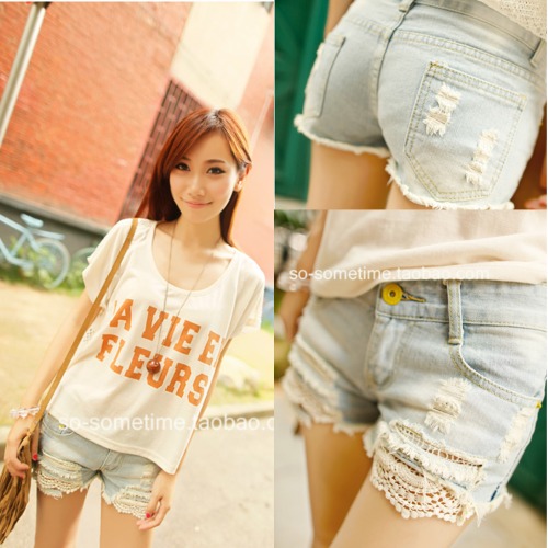 Small light color department of lace worn denim shorts free shipping.