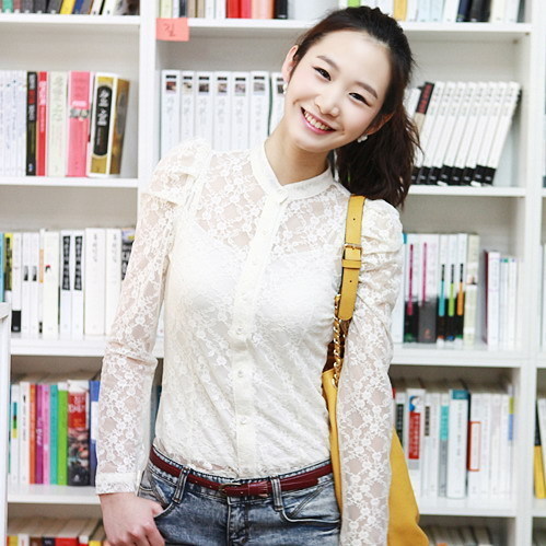 Small stand collar cardigan style long-sleeve lace shirt spaghetti strap white black twinset