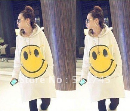 Smile Face Printed Hooded Long Cotton Top White Hot Sale Shirts Pull over Coat