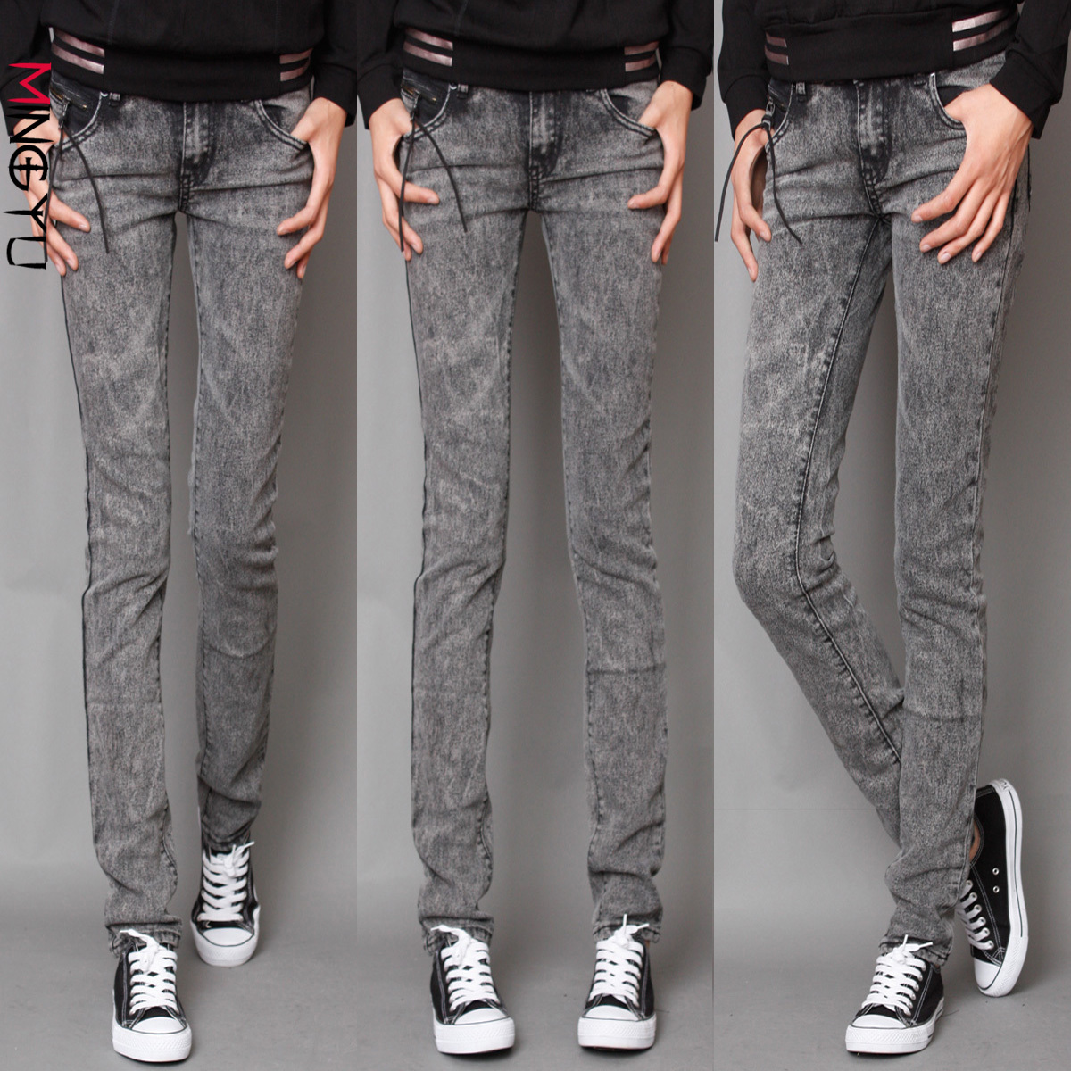 Smoky grey pants zipper pencil pants jeans female women's trousers